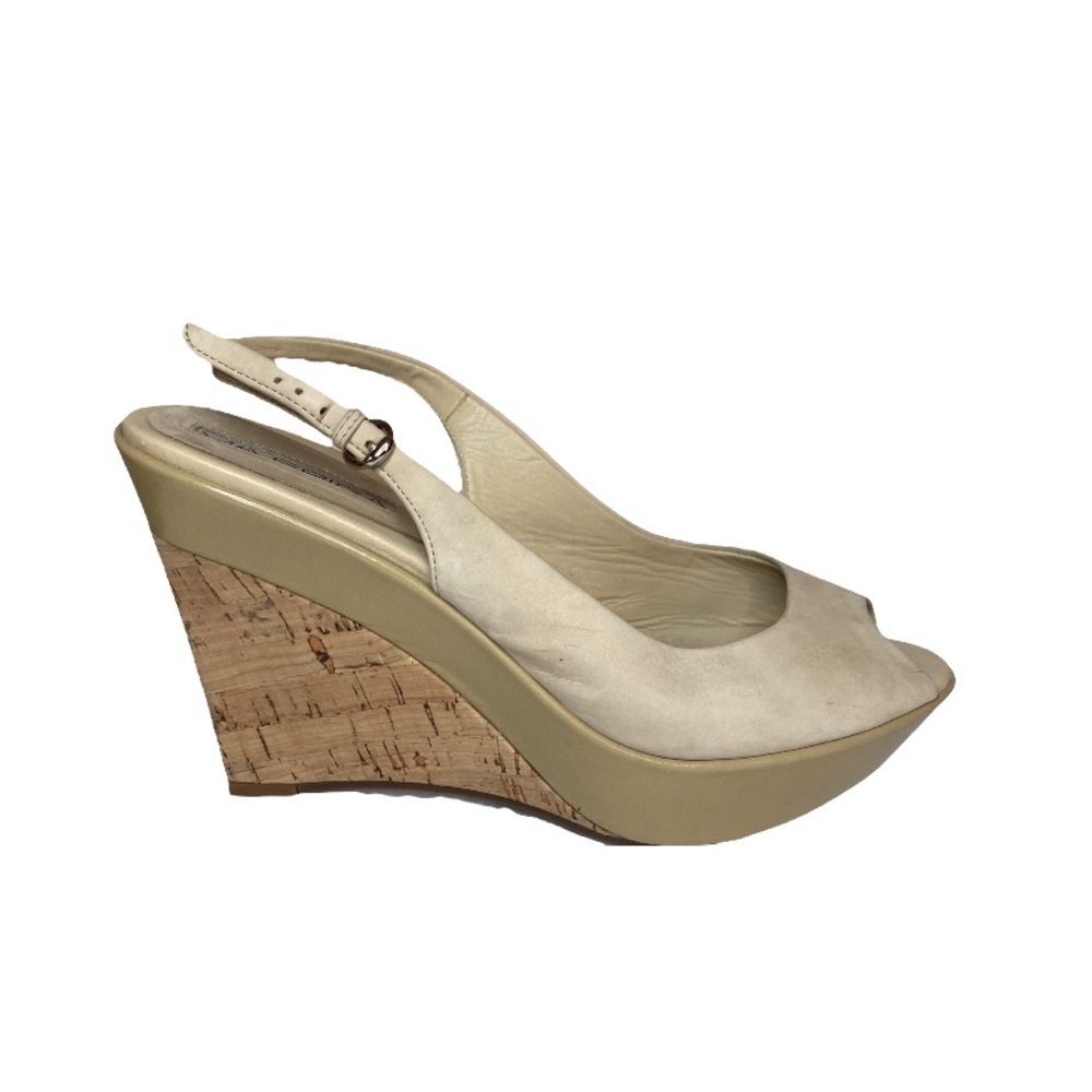 Via Spiga Off White Cork Bottom Leather Peep Toe Slingback Platform Wedges